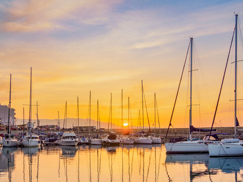 Marina at the Old Venetian Port, sunset, City of Heraklion, Crete, Greece