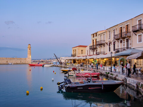 Old Venetian Port, dusk, City of Rethymno, Rethymno Region, Crete, Greece