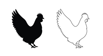 Fototapeta premium Two depictions of a rooster one solid and one outline silhouette