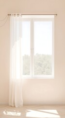 Fototapeta premium Sheer White Curtains Gently Billowing in Morning Sunlight Through Open Window – Minimal Beige Room with Soft Natural Light and Green View