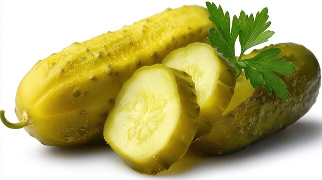 A close-up image featuring whole and sliced pickles garnished with fresh parsley, This photo can be used in food blogs, restaurant menus, or culinary articles about pickling and healthy snacks,