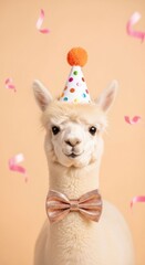 Fototapeta premium Adorable white alpaca smiling, wearing a festive hat and elegant bow tie, with confetti