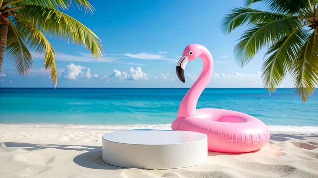 White podium and pink flamingo inflatable ring on a sunny tropical beach with palm trees and blue ocean water