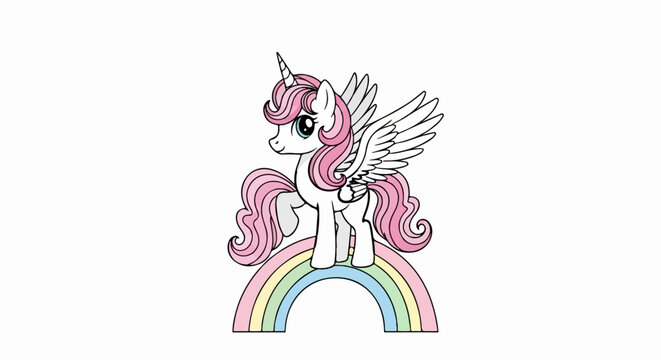 A whimsical winged unicorn with pink mane stands on a pastel rainbow