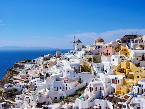 View towards the windmills, Oia Village, Santorini or Thira Island, Cyclades, Greece