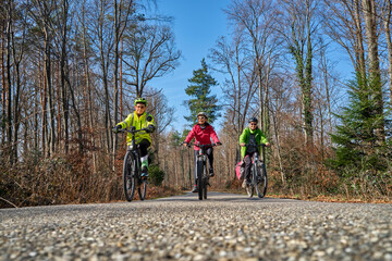 Fototapeta premium Group of active senior women enjoying a bicycle tour on a sunny spring day in the Swabian Forest, Germany. Friends cycling together through nature, promoting healthy lifestyle, recreation, and outdoor