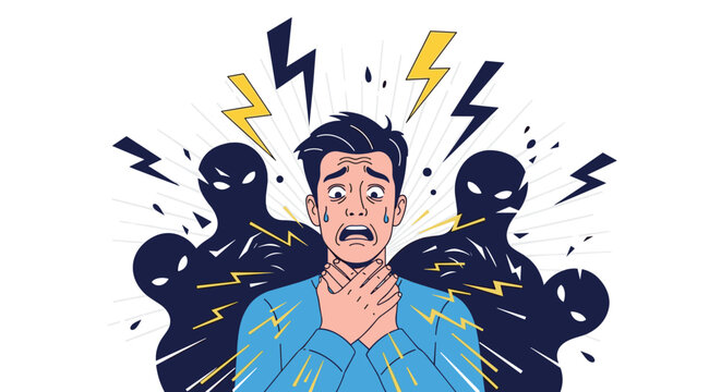 Man experiencing severe anxiety and fear while being haunted by dark shadowy monsters and lightning in his mind.