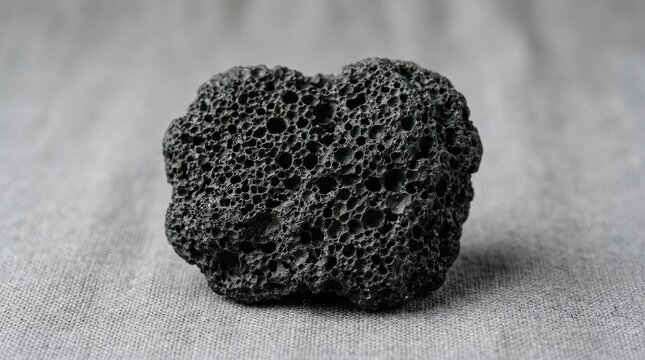 Close-up of a dark, highly vesicular black basalt volcanic rock with a rough, porous surface on a textured grey background