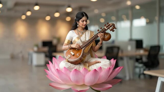 Indian Woman Playing Veena on Giant Pink Lotus in Modern Corporate Office