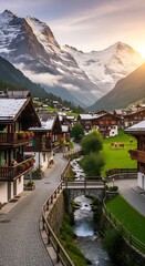 Obraz premium Scenic mountain village landscape with snow capped peaks and buildings