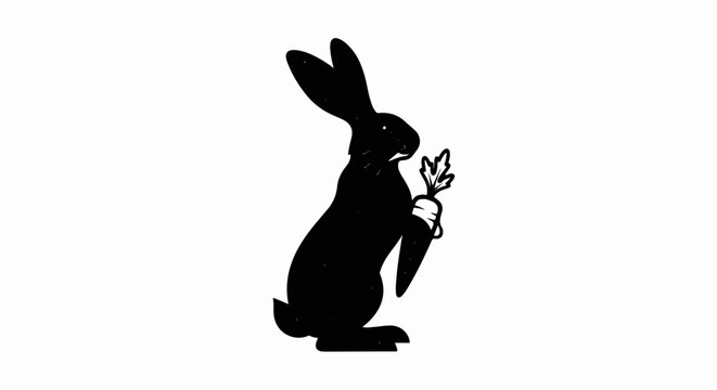Black silhouette of a rabbit holding a carrot against a white background