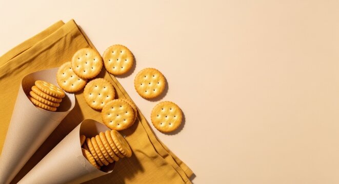 Crispy round crackers in paper cones and scattered on yellow fabric, beige background