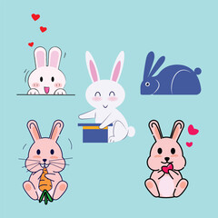 Fototapeta premium Cute adorable bunny rabbit cartoon figure hand drawn vector illustration. Animal and easter icon isolated on background.