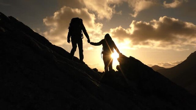 Silhouetted Hikers Helping Each Other on Mountain.