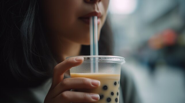 A close-up shot of a person enjoying a refreshing bubble tea drink through a straw in a bustling environment.