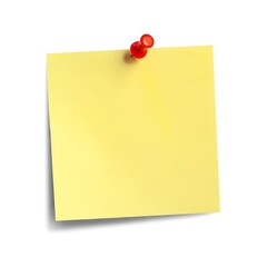 Yellow sticky note with red push pin isolated on white background