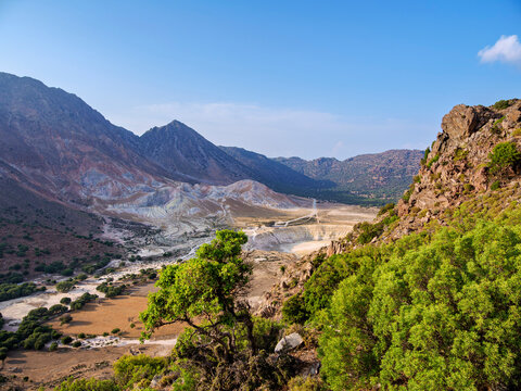 View towards the Stefanos Volcano Crater, Nisyros Island, Dodecanese, Greece