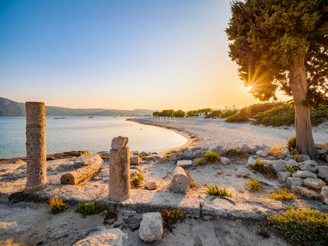 St. Stefanos Basilica Ruins and Kastri Island at sunset, Agios Stefanos Beach, Kos Island, Dodecanese, Greece