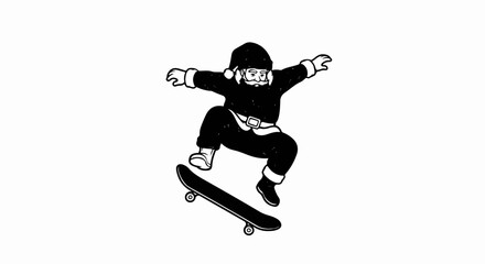 Black and white illustration of Santa Claus performing a skateboard trick © Karina