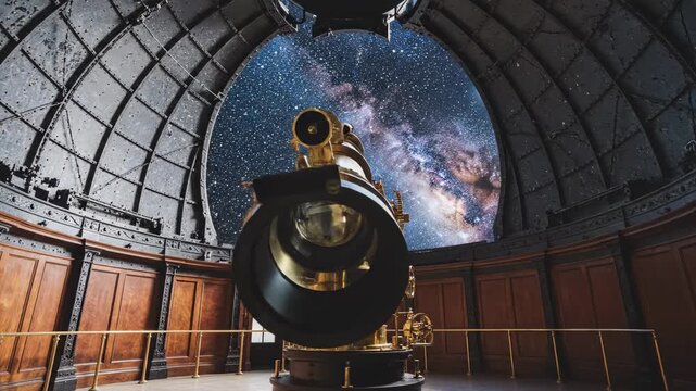 Interior view of historic observatory with telescope pointing to the milky way galaxy for scientific research
