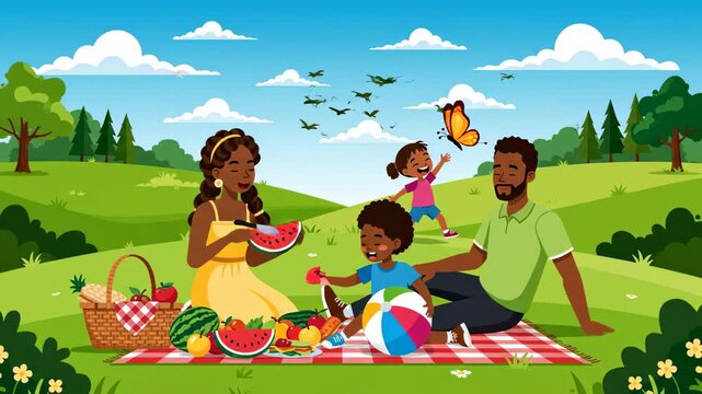 Joyful african american family picnic in summer park cartoon style video beautiful sunny day with active kids and relaxed parents