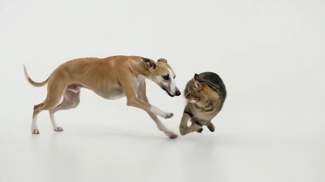 Whippet Dog Chasing a Tabby Cat on a White Background Slow Motion