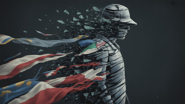 Man's head exploding with international flags emerging