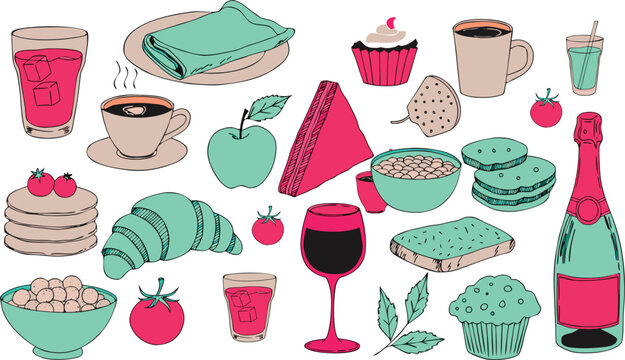 Culinary Collage: A vibrant assortment of diverse and delectable dishes, a gastronomic mosaic showcasing breakfast staples and tasty beverages.