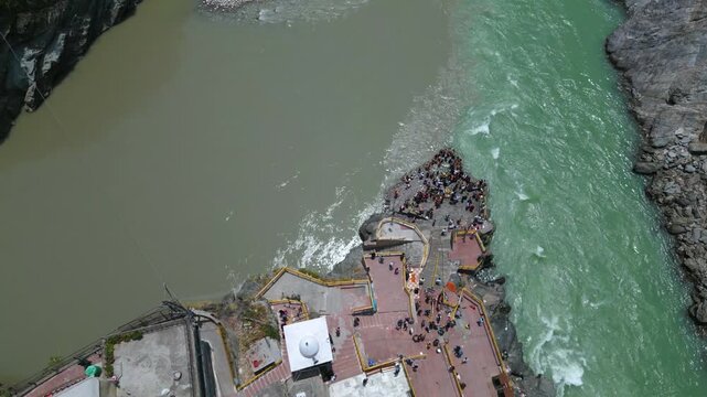 Aerial view of Devprayag Sangam, Devprayag is a town and a nagar panchayat, near New Tehri city in Tehri Garhwal District in the state of Uttarakhand, India,