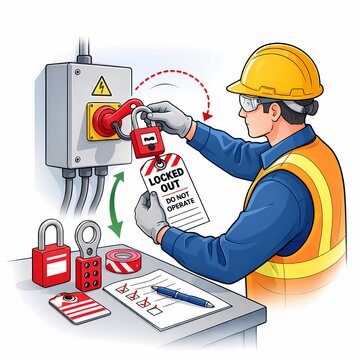 Lockout Tagout Procedure on Electrical Isolator with Safety Checklist and Warning Tag