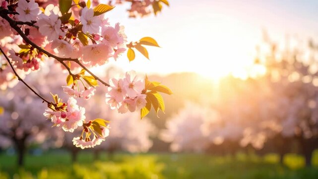 Pink cherry blossom branches blooming in a sunlit garden during a warm golden hour sunset in springtime