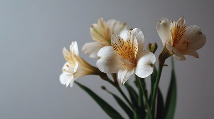Obraz premium Elegant white alstroemeria flowers with delicate orange streaks are captured in soft lighting against a plain grey background