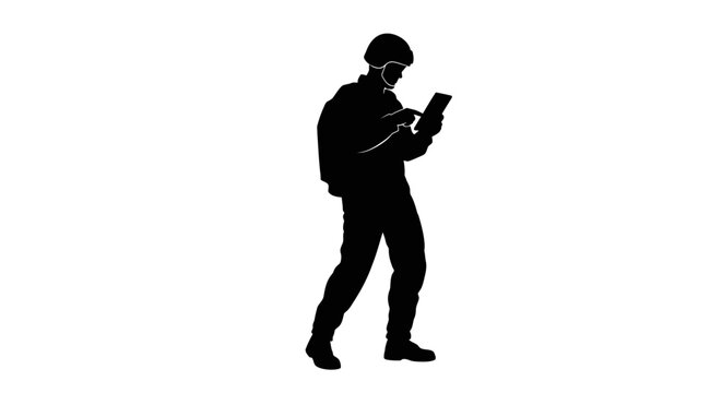 Silhouette of a soldier using a tablet computer in a white background