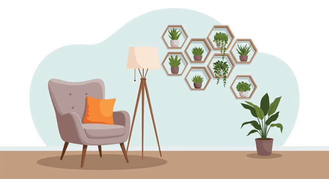 Minimalist living room setup includes a cozy gray armchair and a collection of potted plants on a hexagonal wall shelf.