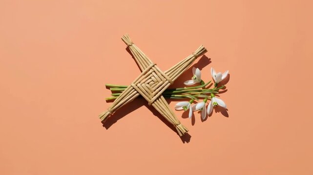 Woven Straw St Brigids Cross with Snowdrops Rotating on Peach Background