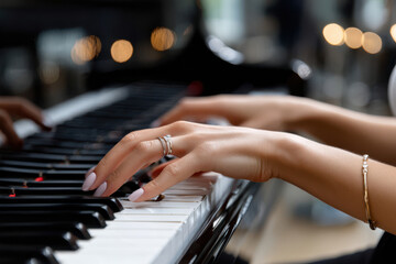 Obraz premium Woman playing piano with elegance in a cozy ambiance during evening hours