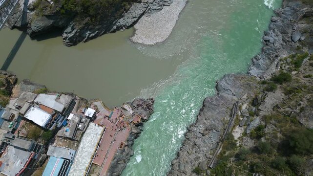 Aerial view of Devprayag Sangam, Devprayag is a town and a nagar panchayat, near New Tehri city in Tehri Garhwal District in the state of Uttarakhand, India,