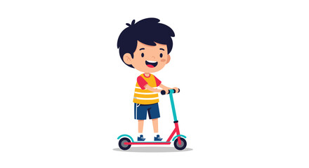 Cheerful young boy with dark hair enjoys riding his colorful kick scooter while playing outdoors against a clean white background.