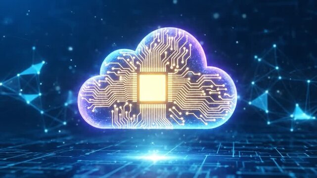 Serverless Cloud Icon with Circuitry on Blue Digital Matrix Background