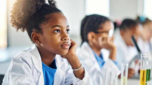 Focused African American schoolgirl in white lab coat sitting in science classroom laboratory looking thoughtful