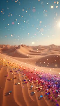 A painting of a desert landscape with a lot of glitter on the sand.