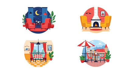Fototapeta premium Set of four circular illustrations showing cozy interiors including a living room with fireplace and a balcony with a view.