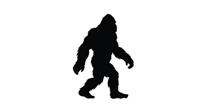 A dark full body depiction of bigfoot walking forward silhouette