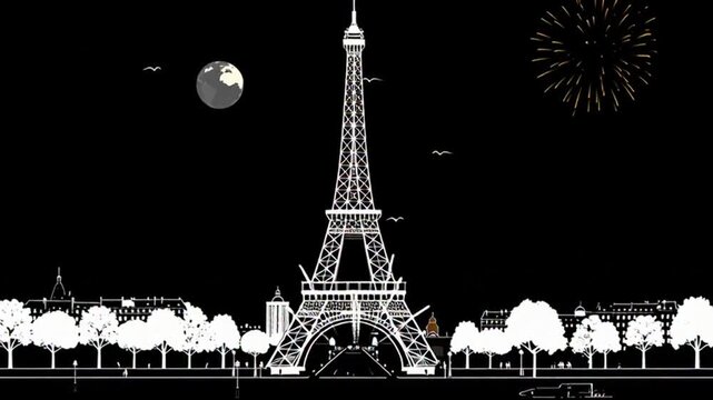 Eiffel Tower Nighttime Fireworks Display Animation.