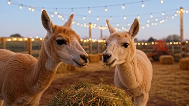 Two Llamas Eating Hay at Dusk.