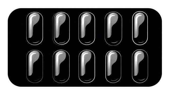 An isolated shot of a blister pack containing ten medication tablets, perfectly aligned and ready for use. The pack features a sleek design, accentuating the individual capsules within.