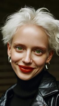 Portrait of a Trendy Young Woman with Short Platinum Blonde Hair Smiling at Camera, Wearing Leather Jacket and Red Lipstick