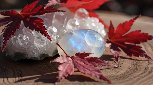 Moonstone and quartz with red maple leaves on wood