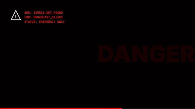 World War III Emergency Alert System Broadcast Hijack with Source Not Found Error and Glitch Effect Digital Screen Signal Corruption for Military War Simulation 4K