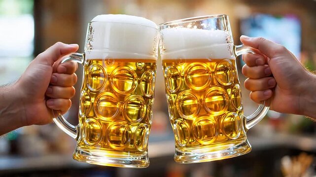 Two hands clinking beer mugs